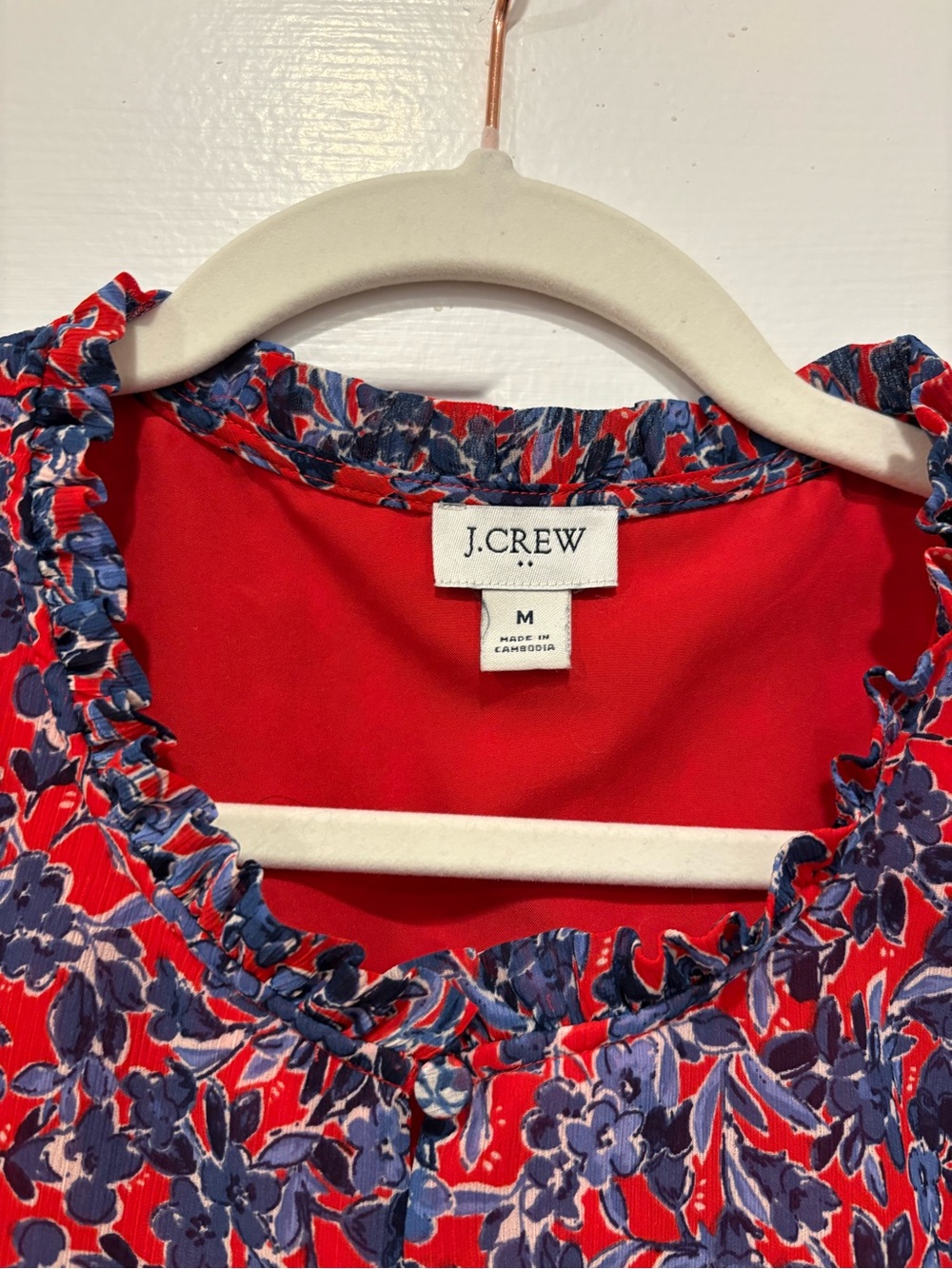 J. Crew Red & Blue Floral Ruffled Notch-Neck Blouse - Picture 5 of 5